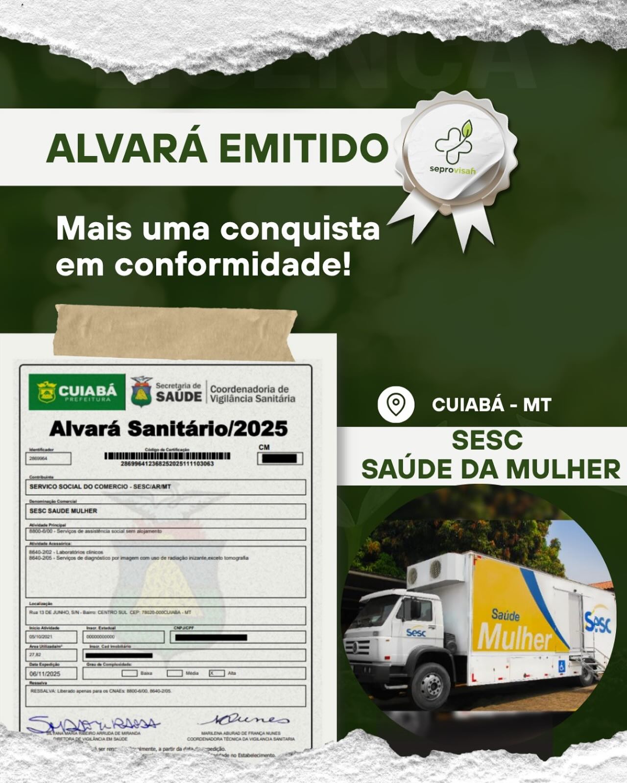 Mais um alvará sanitario liberado com o auxílio da nossa equipe! ✅
Caminhão Intinerante do @sescmt - além de levar prevenção à saúde das mulheres do Mato Grosso, oferecem serviços de tomografia e preventivos que garantem, além da qualidade, segurança para todas as pacientes que necessitam de atendimento.
Agradecemos pela confiança 🙏🏻