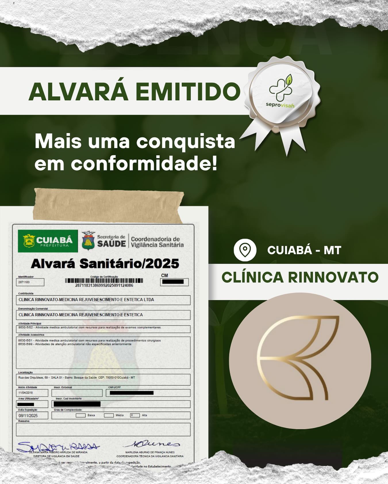 Mais um alvará sanitário renovado com sucesso! ✅
E com ele, mais uma clínica garantindo segurança aos pacientes, qualidade nos processos é responsabilidade com o meio ambiente! 🌳 💚
Agradecemos à equipe da @clinica.rinnovato pela confiança em nosso trabalho e por entender que regularidade não é só exigência: é cuidado, compromisso e excelência. ✨
@dralarissabello
@marcos.bello.md
@enf.karolinimartini